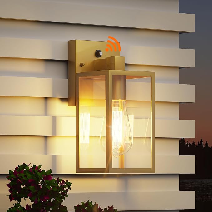 Dusk to Dawn Exterior Lighting Fixtures, Outdoor Porch Light Wall Sconce | 10.65 inch, Anti-Rust Metal Frame, Tempered Glass, E26 Base, Waterproof, Sensor Wall Lantern for Patio, Garage, Entryway