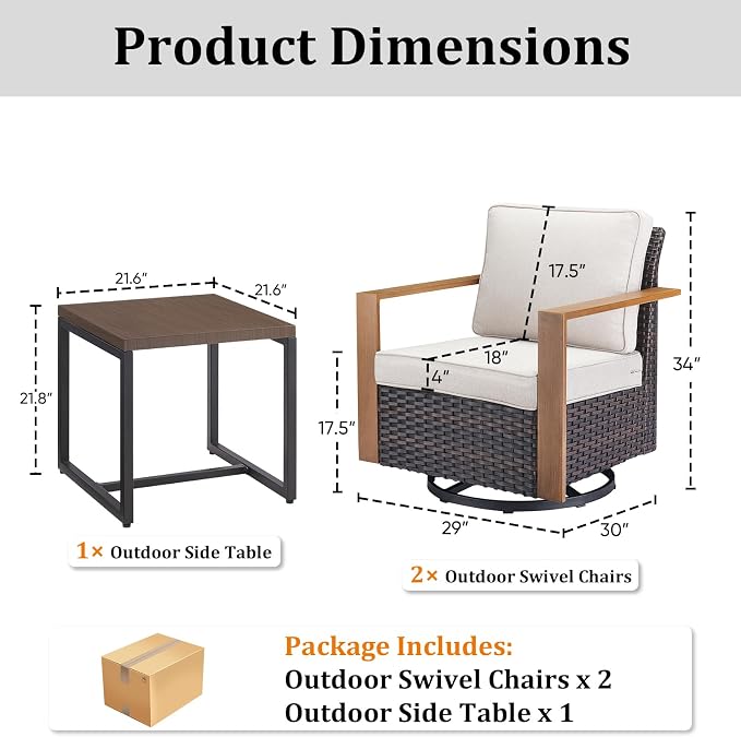 Outdoor Swivel Rocker Patio Chairs Set of 3, High Back Swivel Patio Chairs with Side Table & Metal Arm, Wicker Outdoor Bistro Set for Porch, Yard, Deck, Poolside, Beige