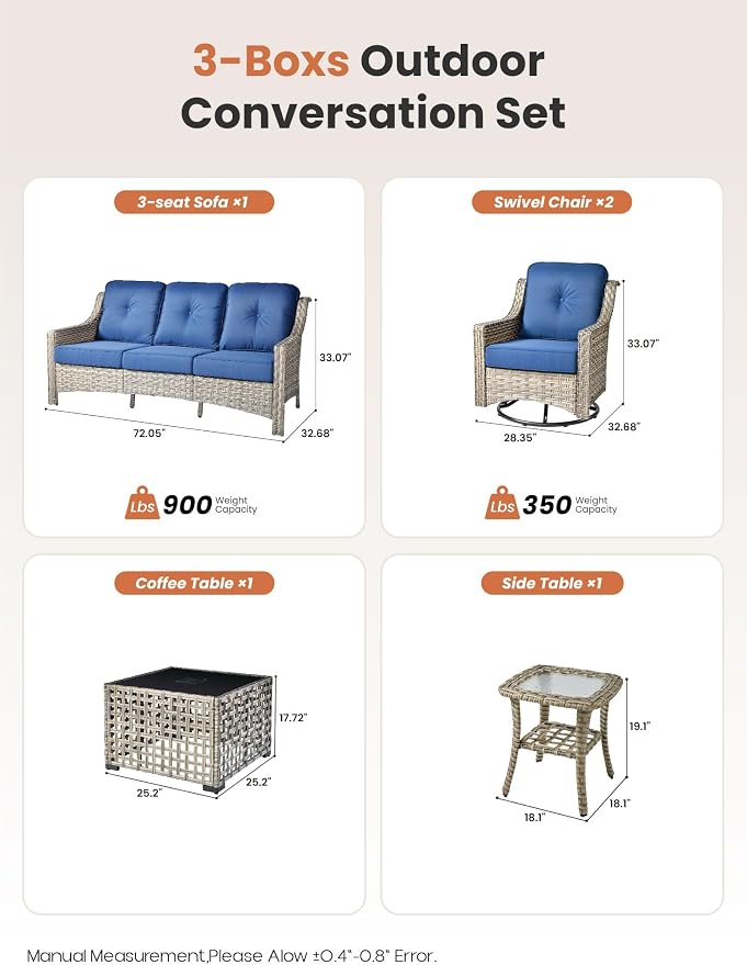 ovios 5 Piece Outdoor Patio Furniture with 3 Seat Sofa,Rattan Wicker Coversation Set with Swivel Rocking Chair,Balcony Sofa Set with Shiny Table for Outside Porch Backyard Pool, Navy Blue