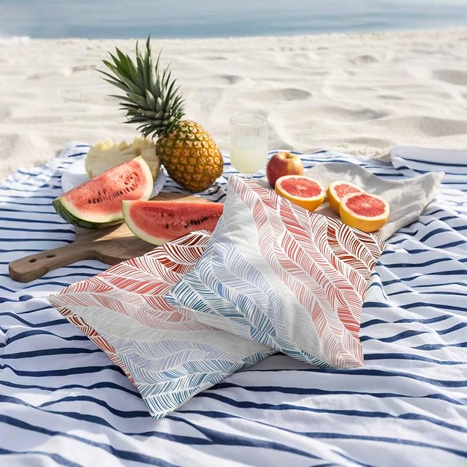 Vandarllin Outdoor Throw Pillows Covers 16x16 inch Set of 2 Waterproof Summer Beach Decorative Zippered Cushion Covers for Patio Furniture, Ombre Red Abstract Leaf Lines Lumbar Pillowcases