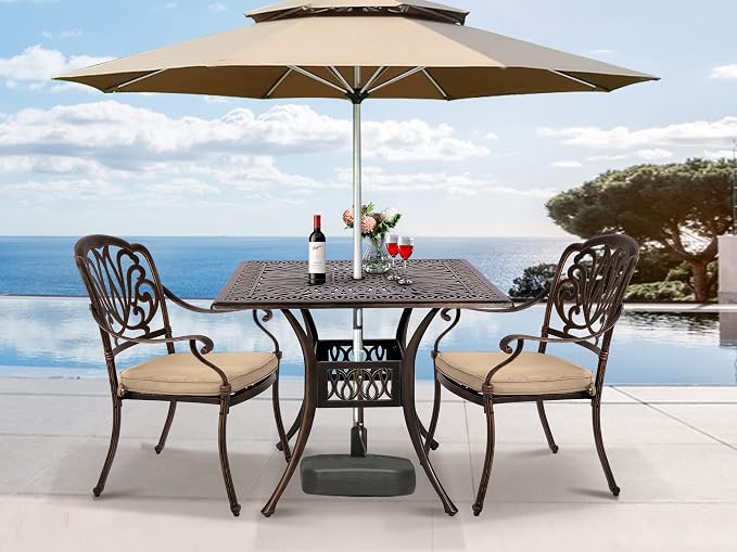 Grepatio 2 Piece Outdoor Cast Aluminum Dining Chairs, Patio Bistro Chair Set of 2, Modern Patterned Back Metal Chairs with Cushion, Antique Bronze (Khaki)