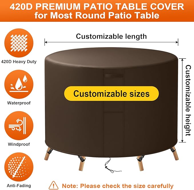32"(D) x 4"(H) Round Outdoor Furniture Cover, Custom Heavy Duty 420D Waterproof Patio Furniture Cover with Drawstring & Buckles for Table Chair Garden, Coffee
