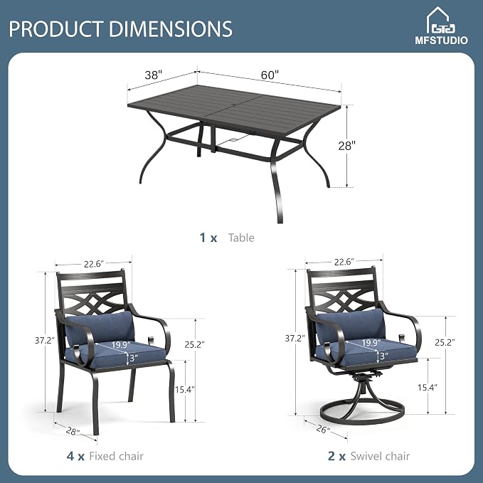 MFSTUDIO 7 PCS, Patio Dining Set, 60"×38", 4 Swivel Chairs, Umbrella Hole | Blue, Steel, Metal, E-coated frame