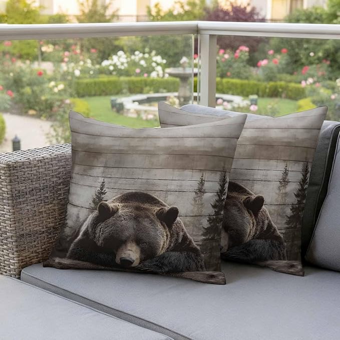 Sleeping Bear Outdoor Pillow Covers 26"x26" Set of 2, Animal Forest Rustic Planks Waterproof Throw Pillow Covers for Patio Furniture, Decorative Cushion Covers for Porch