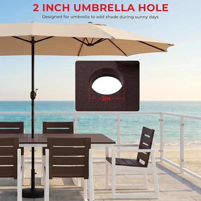 Costaelm Stinson 7-Piece Outdoor HDPE Patio Dining Table Set with Umbrella Hole & Dining Chairs for 6, Dark Brown