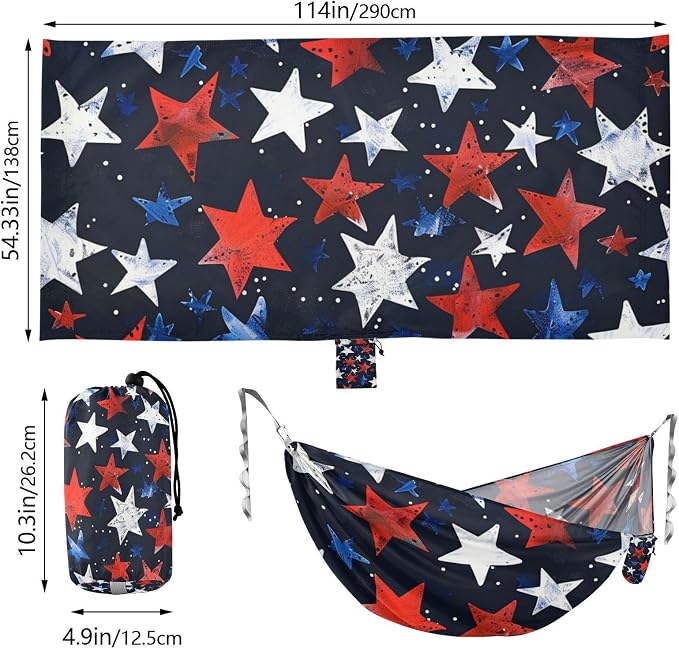 4th of July Independence Day Red and Blue Stars 330lb Capacity Outdoor Hammock with Hanging Rope Portable Hammock for Outside Patio Backyard Poolside hamaca de Algodon para Jardin