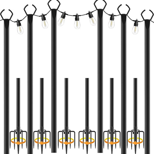 Mutovlin 6 Pack String Light Poles,10 Ft Light Poles for Outside String Lights,Outdoor Lights Pole with Fork,Metal Poles Stand for Patio Deck Backyard