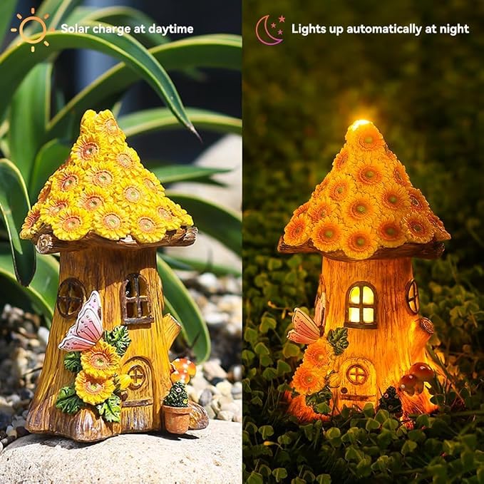 Fairy Garden Statues,Fairy Garden House with Solar Powerd Night Light,Yard Decorations Outdoor Fairy Garden Accessories Decor for Outside (Flower-Mushroom)