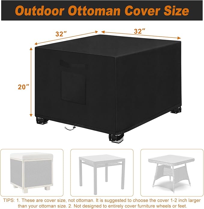 LYHNMW Outdoor Patio Ottoman Cover, 2PCS 32"L x 32"W x 20"H Waterproof Furniture Covering Protector, 600D Heavy Duty Patio Furniture Cover with Padded Handles (Black)