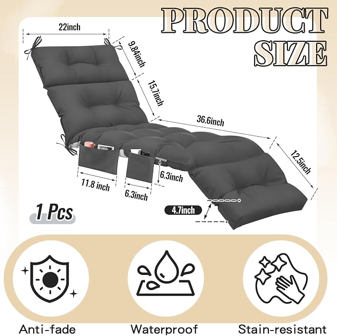 Kigley Outdoor Chaise Lounge Cushions with 3 Side Pocket 74.5 x 22 x 4.7 Inch Patio Chaise Lounge Cushion, Water-Repellent and Fade-Resistant Tufted Summer Replacement(2 Pcs,Dark Gray,Solid Color)