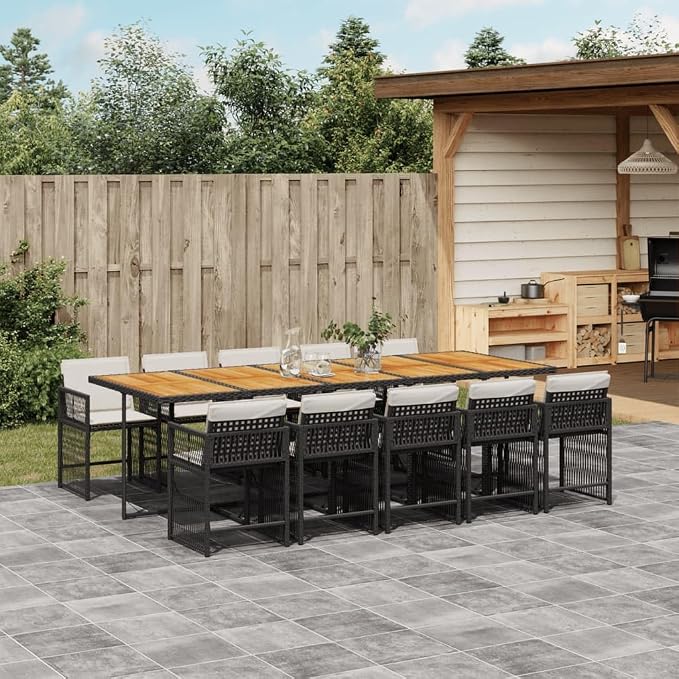 11-Piece Black Poly Rattan Garden Dining Set, Outdoor Patio Furniture for Garden or Backyard, 108.3 x 41.7 x 28.7 in