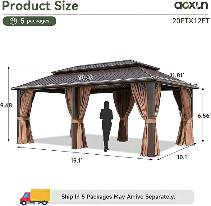 Aoxun 12’x20’ Hardtop Gazebo, Permanent Metal Pavilion with Galvanized Steel Double Roof, Outdoor Pregola with Nettings and Curtains for Lawn, Garden, Patio (Brown)