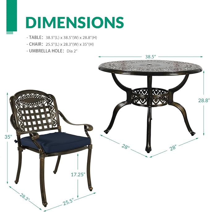 VIVIJASON 5-Piece Patio Furniture Dining Set, All-Weather Cast Aluminum Outdoor Conversation Set, Include 4 Cushioned Chairs and 1 Round Table w/Umbrella Hole for Balcony, Backyard, Navy Blue Cushion
