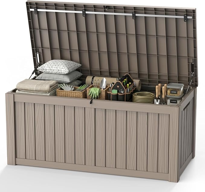 Outdoor Waterproof Resin Storage Deck Box Lockable Outside Bench UV Resistant Bin Patio Porch Furniture Pool Float Garden Tool Cushion (Grey, 150 Gallon)