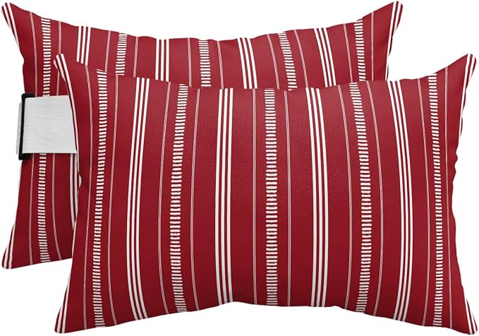 Outdoor Lumbar Pillows 11x16 Set of 2, Boho Red Waterproof Throw Pillow Covers with Insert, Minimalist Farmhouse Striped Decorative Pillowcase Cushion for Couch Sofa Bed