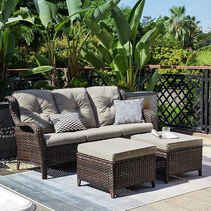 HUMMUH Patio Furniture 5 Pieces Outdoor Furniture Set Wicker Outdoor Sectional Couch with Patio Swivel Rocking Chairs,Ottomans for Patio
