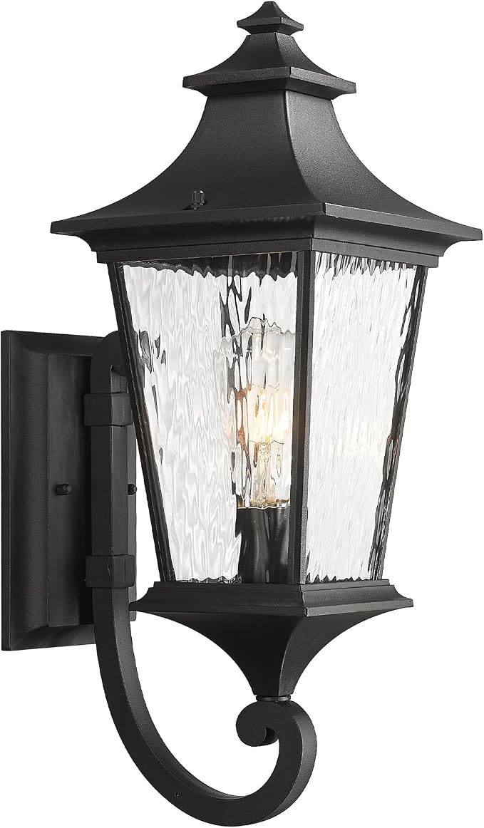 Emliviar 21.1 Inch Farmhouse Outdoor Wall Sconce,1 Light Exterior Wall Lighting in Black Finish Frame, Water Ripple Glass Shade, XE292UB-M SW BK