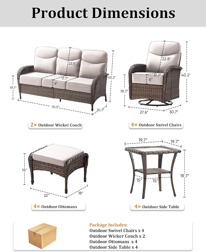 14-Piece Luxury Patio Furniture Set with 6-inch Thick Cushion,Outdoor Wicker Sofa Couch Set of 2 & Swivel Rocker Chairs, Conversation Set for Poolside, Deck & Yard - Beige