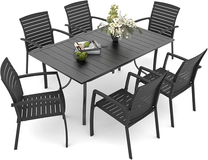 Anmutig Outdoor Dining Set for 6, 63" Table & 6 Aluminum Frame Chairs | Stackable Chairs, Resin Slat Seating, Powder-Coated Steel Table, Umbrella Hole, Easy Assembly, Patio, Garden, Backyard