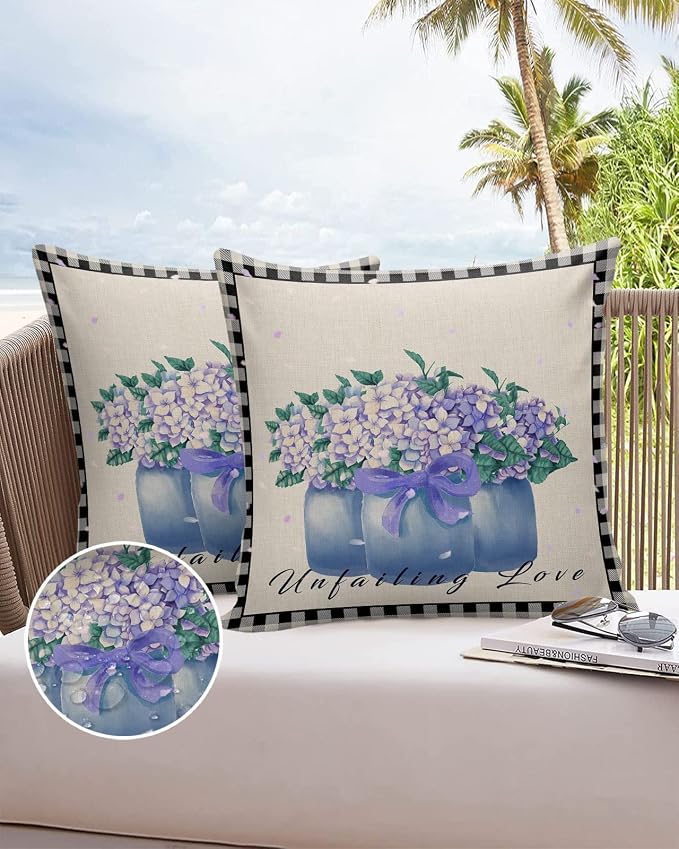 Hydrangea Outdoor Pillow Shams Set of 2, Decorative Pillowcases Cushion Case, Soft Throw Pillow Covers Waterproof Pillow Case 16x16 Inch, Purple Flowers in Jar Black Plaid Unfailing Love