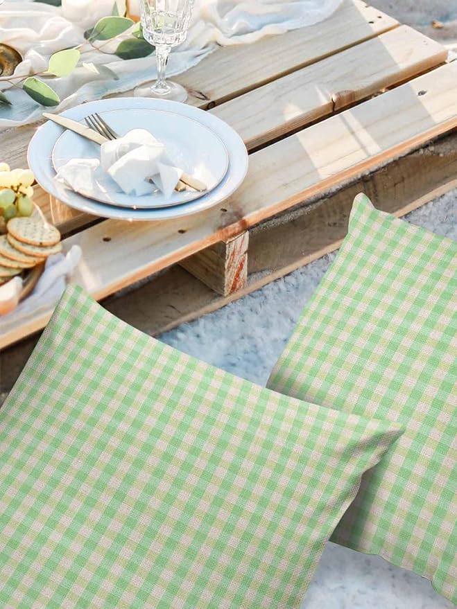 Outdoor Waterproof Throw Pillow Covers Set of 2 Green Buffalo Plaid Pillowcases 26x26 Inches Linen Classic Checked Patio Decorative Pillows Cushion Case Patio Pillows for Couch Bed Chair Garden