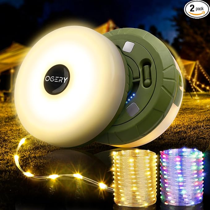 2-Pack Camping String Lights 4 in 1, 32.8FT Quick Storage 8 Modes | Protable Rechargeable Fairy Tent Lights String , Waterproof Portable LED Lamp for Outdoor Indoor Patio Decor Essentials