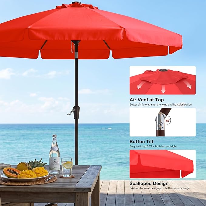 ABCCANOPY 10ft Scalloped Patio Umbrella, Outdoor Table Umbrella with Tilt and Crank, Fiberglass Ribs Deck Umbrella for Patio, Pool, Garden, Picnic (Red)
