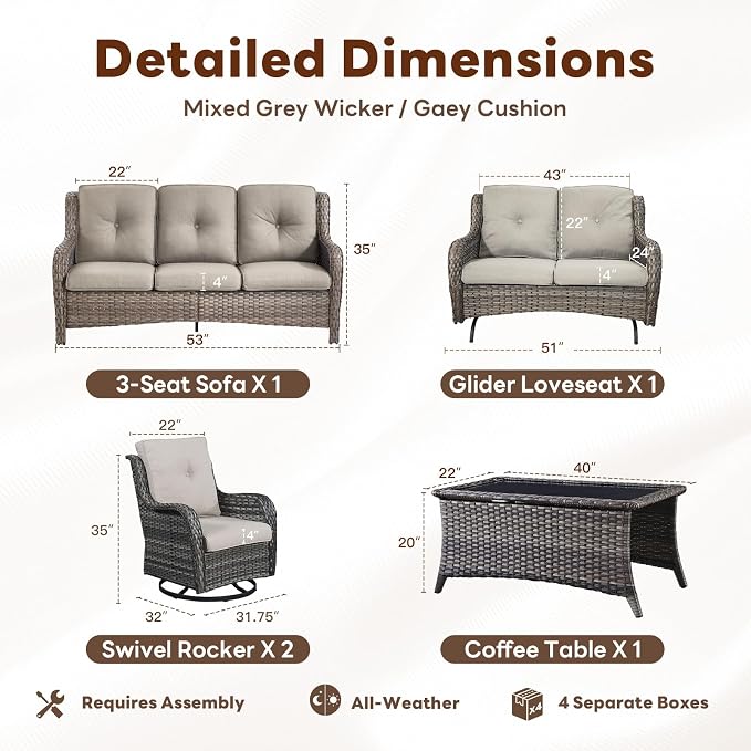 Belord 5 Piece Outdoor Wicker Furniture, Patio Swivel Rocking Chairs with Loveseat and 3 Seat Sofa,All Weather Patio Conversation Furniture Set, for Backyard Poolside Gray Wicker/Gray
