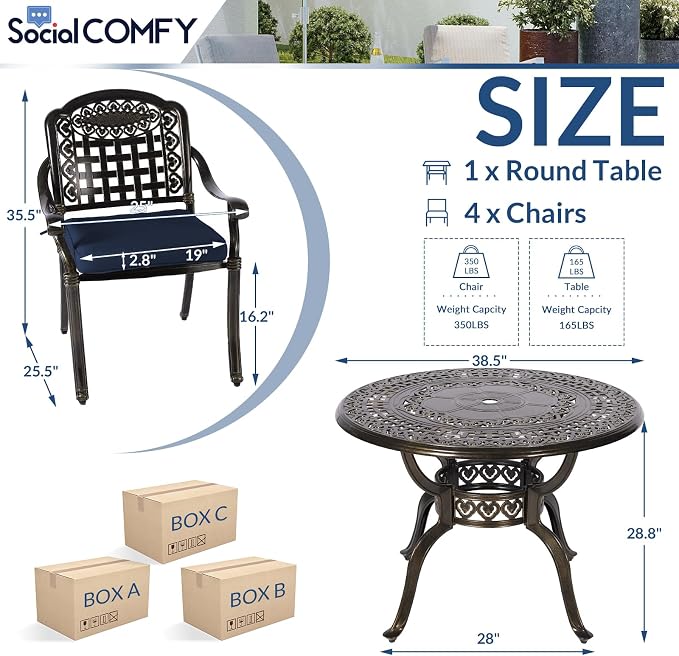 5-Piece Outdoor Patio Dining Set, All-Weather Cast Aluminum Furniture Conversation Set, Include 4 Cushioned Chairs and a 38.5” Round Table with Umbrella Hole for Balcony, Lawn, Navy Blue