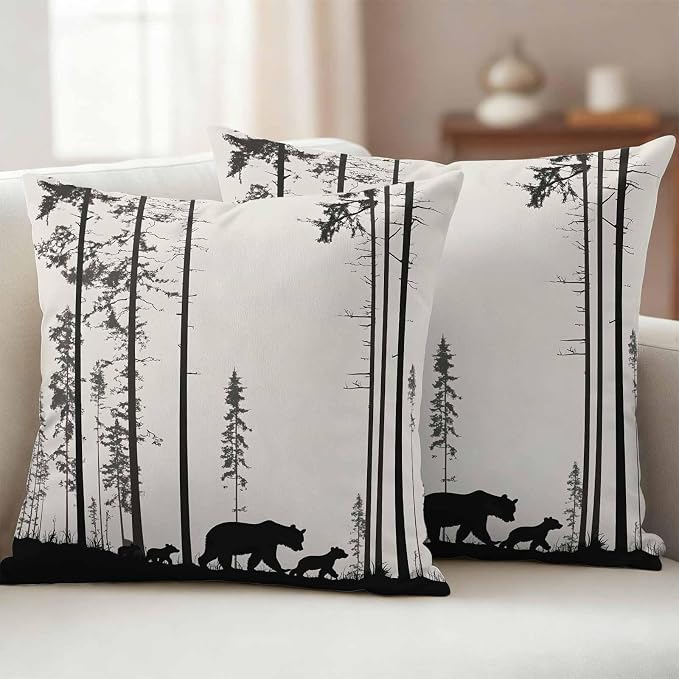 Abstract Outdoor Waterproof Throw Pillow Covers Set of 2, 24"x24", Animal Bear Family Forest Trees Silhouette Decorative Pillow Covers Outside Cushion Case for Patio Porch Garden
