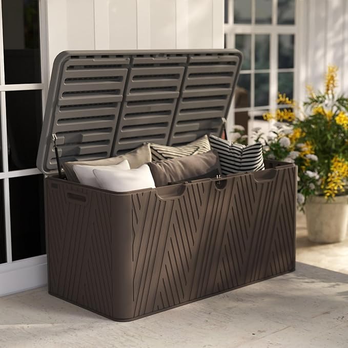 110 Gallon Outdoor Storage Box, Waterproof Patio Deck Box with Lockable Lid, Heavy-Duty HDPE Bench for Garden Tools, Cushions, Brown