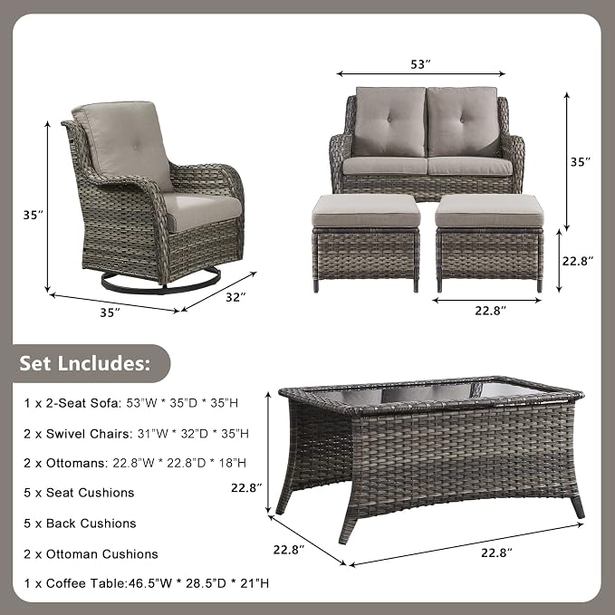 Rilyson 6 Piece Patio Furniture Set - Rattan Wicker Outdoor Patio Conversation Sets with 2 Swivel Rocker Chairs,2 Ottomans,1 Loveseat and 1 Coffee Table for Outside Porch Deck Yard(Mixed Grey/Grey)