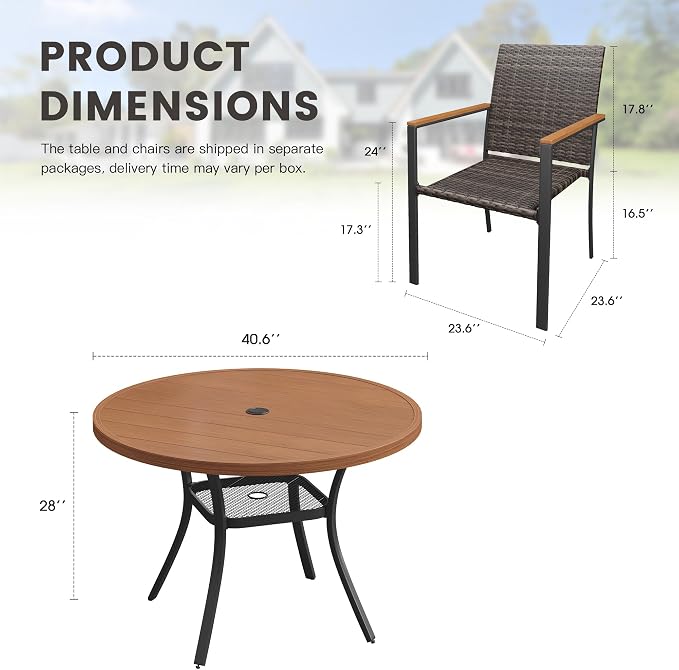 Round Patio Dining Set for 4, 40.6" Round Metal Table with Umbrella Hole and Stackable Wicker Patio Chairs, Outdoor Furniture Set for Deck Backyard Garden, Walnut Chairs, Walnut Table
