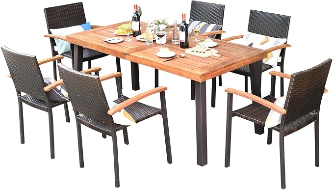 Tangkula 7-Piece Wicker Patio Dining Set, Patiojoy Outdoor Rattan Garden Yard Furniture Set, Acacia Wood Tabletop Dining Table with Umbrella Hole & 6 Stackable Rattan Chairs Set