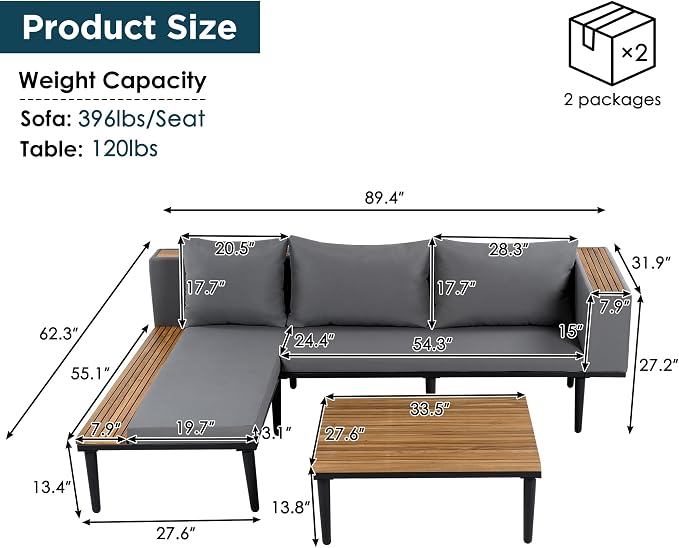 Luxury 4-Piece L-Shaped Outdoor Patio Sofa Set with Acacia Wood Side & Coffee Table, Removable Cushions & Pillows, Metal Frame, Comfortable Modular Conversation Sectional for Backyard, Porch, Gray