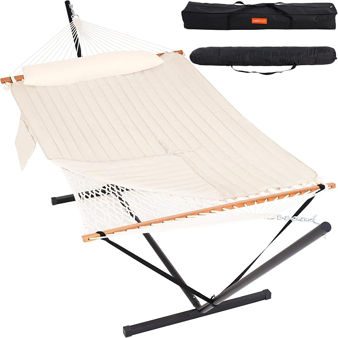 Lazy Daze Hammocks 2 Person Portable Hammock with 12FT Stand, Double Hand Woven Cotton Rope Hammock with Detachable Quilted Pad & Pillow for Outside, 450lb Capacity, Natural