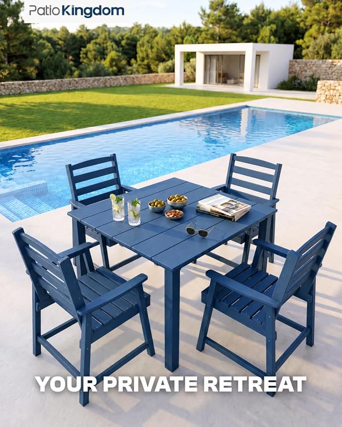 HDPE Outdoor Dining Set for 4 with 10FT Umbrella, Navy | All-Weather HDPE, Wood Grain Finish, 42.5" Square Table, Built-In Umbrella Hole, Seats 4, Patio & Poolside Ready