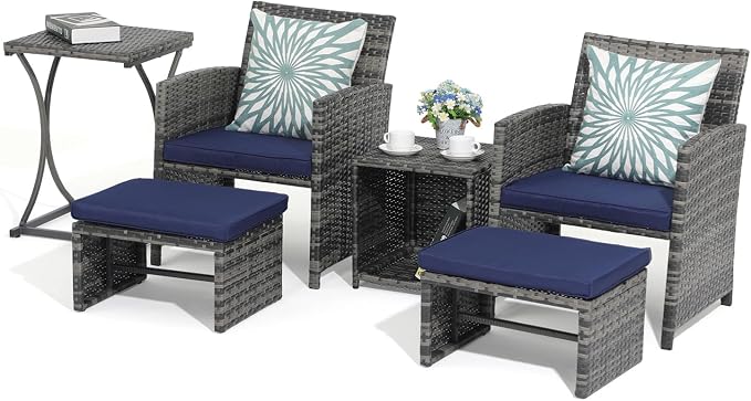 OC Orange-Casual 6 Piece Patio Furniture Conversation Set with Ottoman, Outdoor Grey Wicker Chair and Table Set, Balcony Furniture for Apartments, Navy Blue