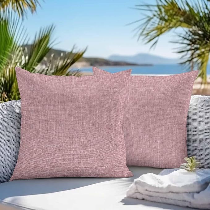 Vandarllin Outdoor Throw Pillows Covers 24x24 inch Set of 2 Waterproof Pink Linen Decorative Zippered Cushion Covers for Patio Furniture, Farmhouse Pure Color Lumbar Pillowcases