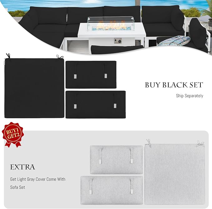 BULEXYARD 9 Pcs Large Modern Aluminum Outdoor Sofa with Rectangular Fire Pit Table, 29" Deep Wide Seat, 500 lbs Durable Sectional Set for Heavy People, All-Weather Patio Furniture Set for Deck, Black