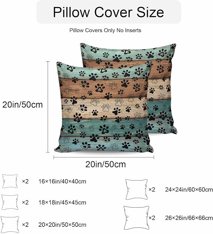Outdoor Waterproof Throw Pillow Covers Set of 2 Dog Paw Pillowcases 18x18 Inches Pets Print Teal Brown Wood Grain Decorative Pillows Cushion Case Patio Pillows for Couch Bed Chair Garden