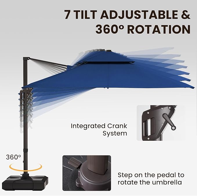 9 X 12 FT Cantilever Patio Umbrella with Led Lights Outdoor Heavy Duty Double Top Rectangle Offset Umbrellas with 360-degree Rotation for Pool Deck Backyard, Navy