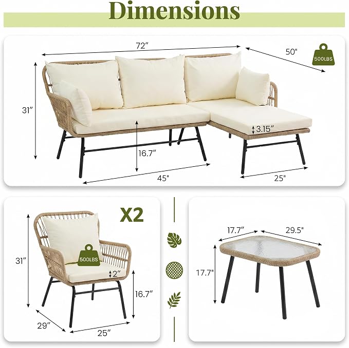 RADIATA 5 Pieces Outdoor Patio Boho Furniture Set, High Back Wicker Conversation Set with Side Table, Sturdy Rattan Sofa and Chair for Balcony Porch Deck Garden, Beige