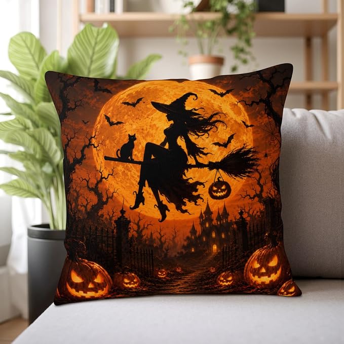 Orange Halloween Pillow Covers 22x22 Set of 2 Spooky Castle Witch Throw Pillow Covers Jack-O-Lantern Pumpkins Decorative Pillowcase for Couch Sofa Indoor Outdoor