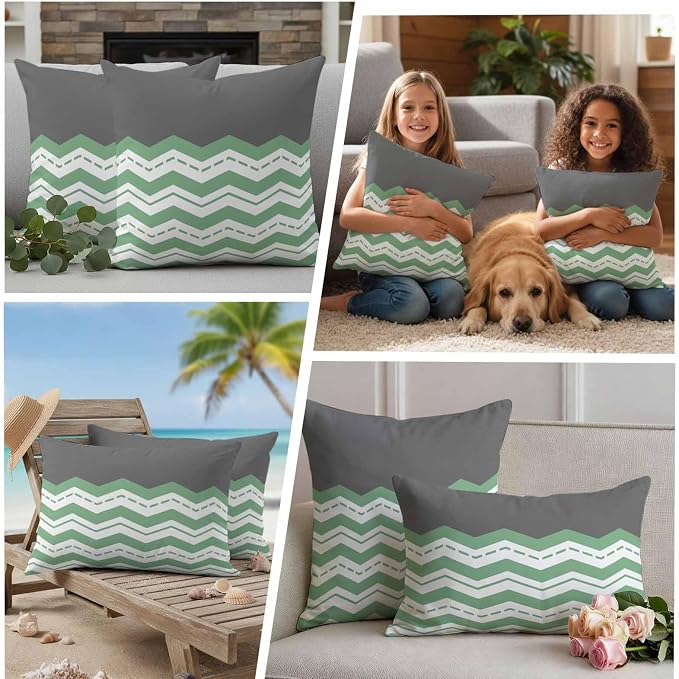 Green Chevron Waterproof Outdoor Pillow Covers Set of 2 Home Decor, Geometric Grey Print Wavy Striped White Pillowcase Patio Pillow Covers for Couch Bench Furniture Garden 20x20in
