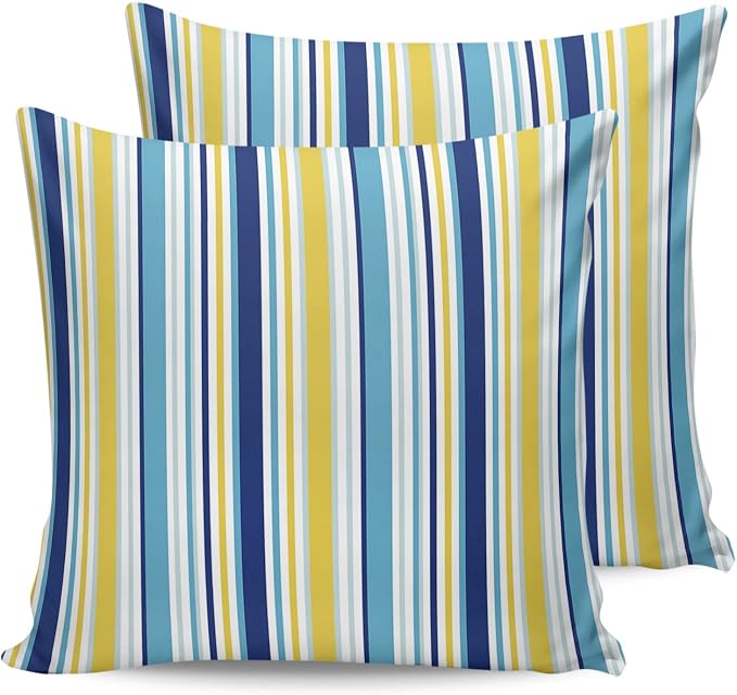 Blue Yellow Striped Outdoor Waterproof Pillow Covers, Farmhouse Navy Blue Ombre Stripes Decorative Square Throw Pillowcase Sofa Cushion Sham for Patio/Couch/Chair, 26"x26" 2 Pack