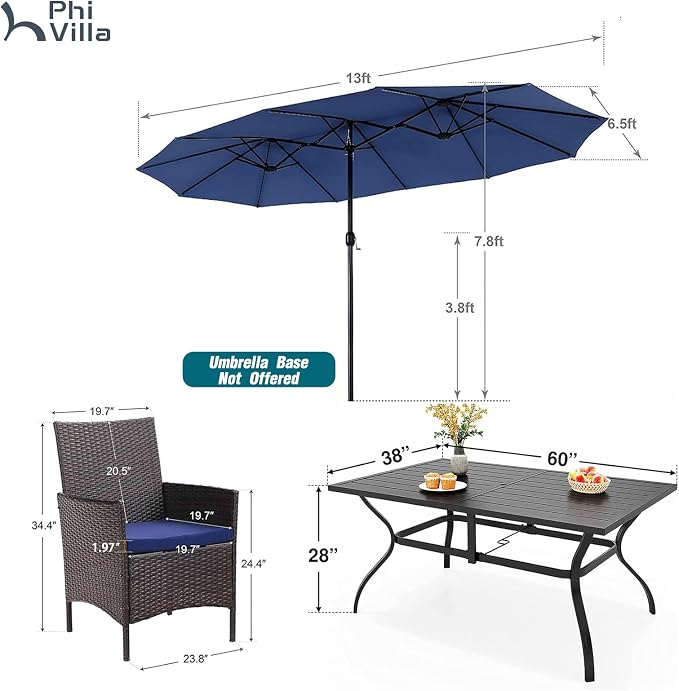 PHI VILLA 7pc Patio Dining Set w/Umbrella, Rectangular Table, Rattan Chairs | Outdoor Dining Set for 6, 60” Metal Table & 6 Cushioned Rattan Chairs with Blue Umbrella for Outdoor, Deck, Yard, Porch