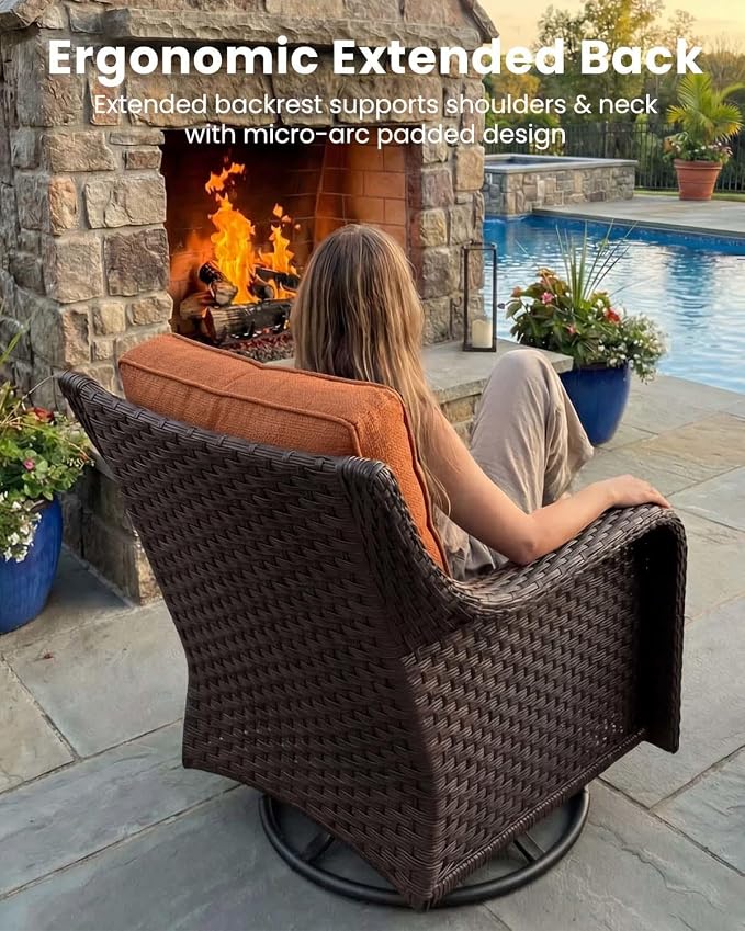 5 Pieces Outdoor Furniture Set with 6-inch Cushions, High Back Wicker Swivel Rocker Chairs with Fire Pit Table, Luxury Conversation Set for Deck Patio and Poolside