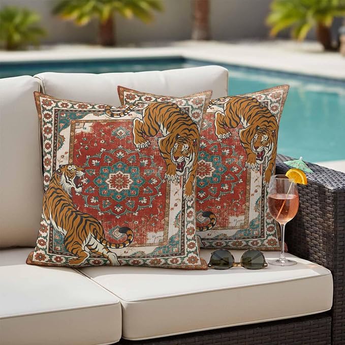 Tiger Print Outdoor Pillow Covers 24"x24" Set of 2, Boho Vintage Animal Orange Red Floral Geometric Waterproof Throw Pillow Covers for Patio Furniture, Decorative Cushion Covers for Porch