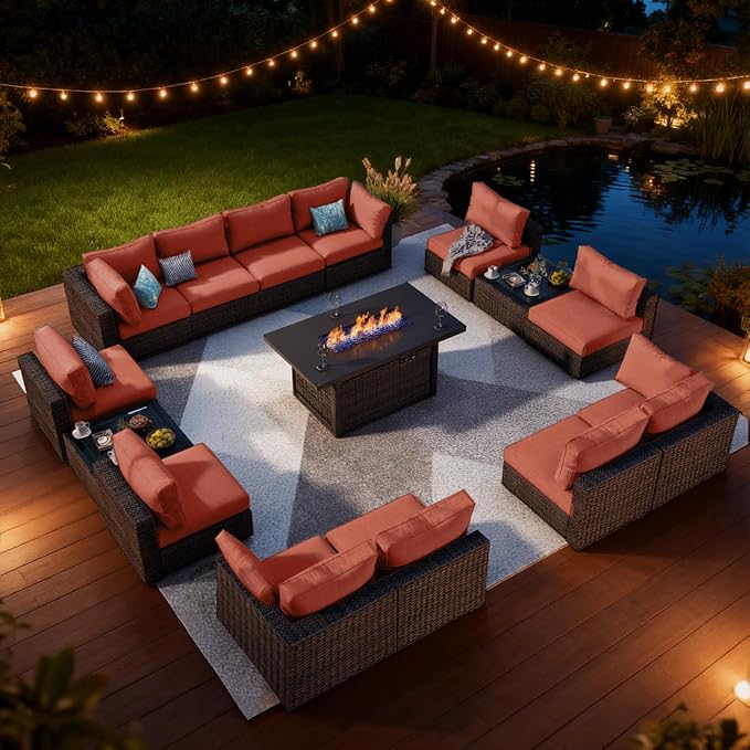 Patio Furniture Set, 15 Pieces Outdoor Sectional Patio Furniture Set with 42" Fire Pit Table, Rattan Wicker Sofa Set for Garden Backyard Deck Poolside, Red
